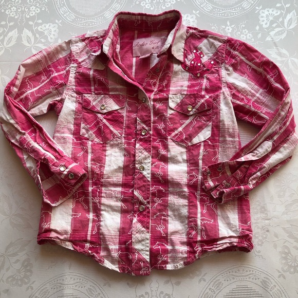 Rodeo Girl By Lin Western Style Pink/White Plaid Shirt Girls Size M Embroidered - Picture 1 of 16